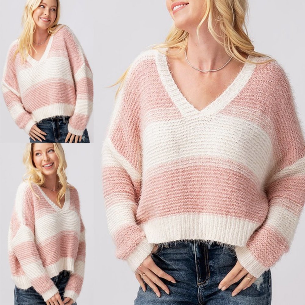 NEW Soft Fuzzy Eyelash Knit V Neck Stripe Cropped Knit Sweater - Picture 2 of 11